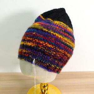 Rainbow Stripe Beanie Hat Wool Handmade Knit Homespun Funky Winter Ski NEW